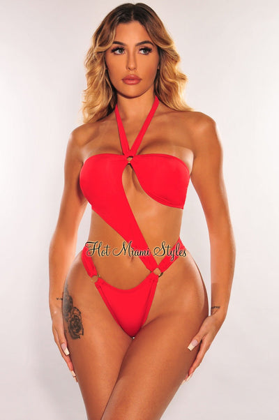 Red Halter O Ring Cut Out Swimsuit - Hot Miami Styles