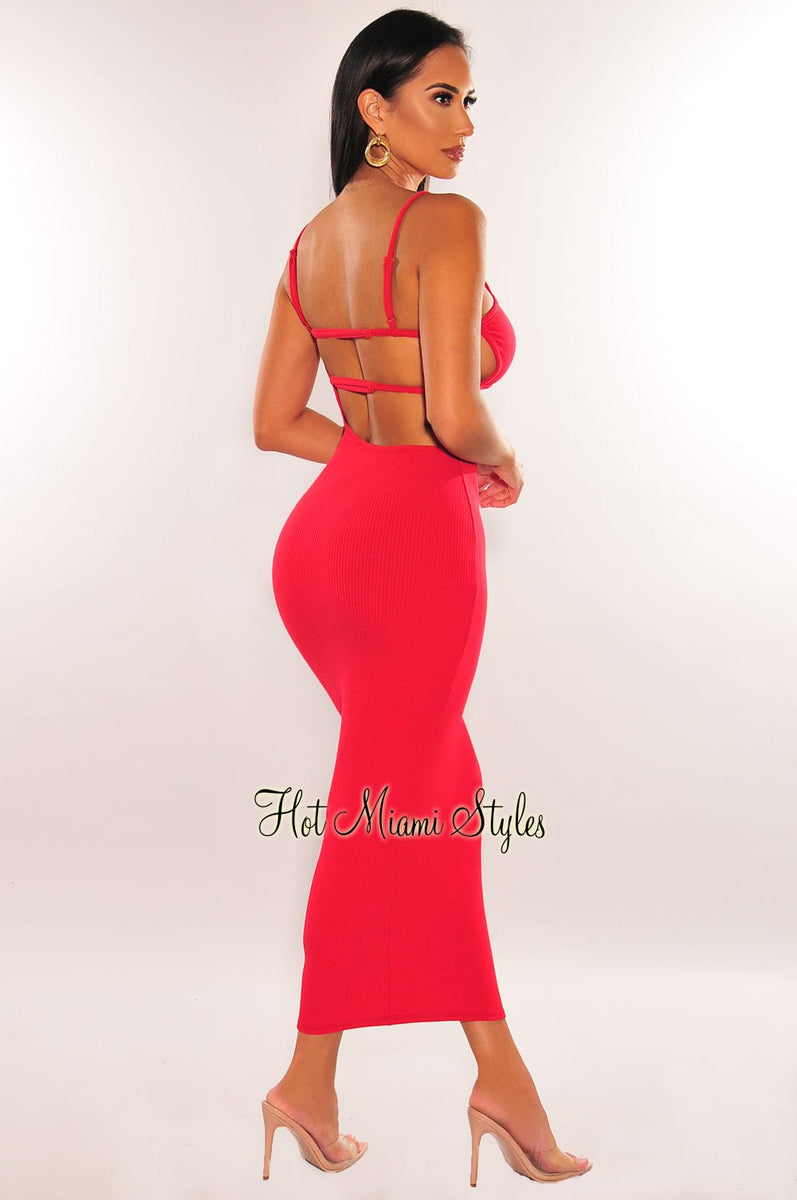 Red Keyhole Ribbed Spaghetti Straps Cut Out Strappy Dress Hot Miami