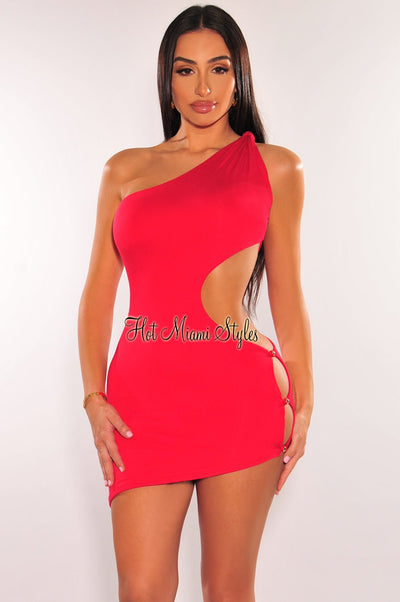 Red Knotted One Shoulder Button Cut Out Asymmetrical Dress - Hot Miami Styles