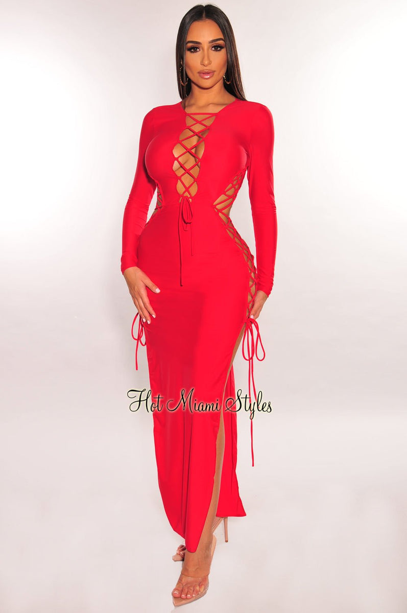 Red Lace Up Cut Out Double Slit Long Sleeve Dress Hot Miami Styles