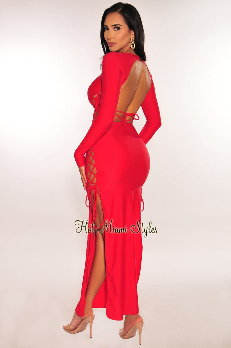 Red Lace Up Cut Out Double Slit Long Sleeve Dress - Hot Miami Styles Red Lace Up Cut Out Double Slit Long Sleeve Dress - Hot Miami Styles