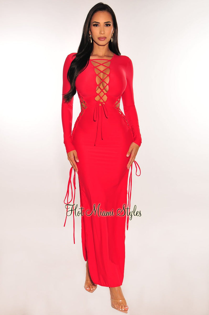 double slit red dress Red Sequin Long Red Dress With Split Sexy Cut-out Red Sequin Double-slit Prom Dress