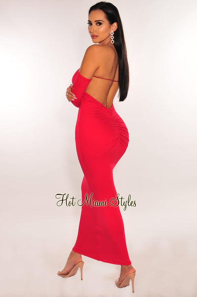 Red Off Shoulder Long Sleeve Ruched Open Back Midi Dress - Hot Miami Styles