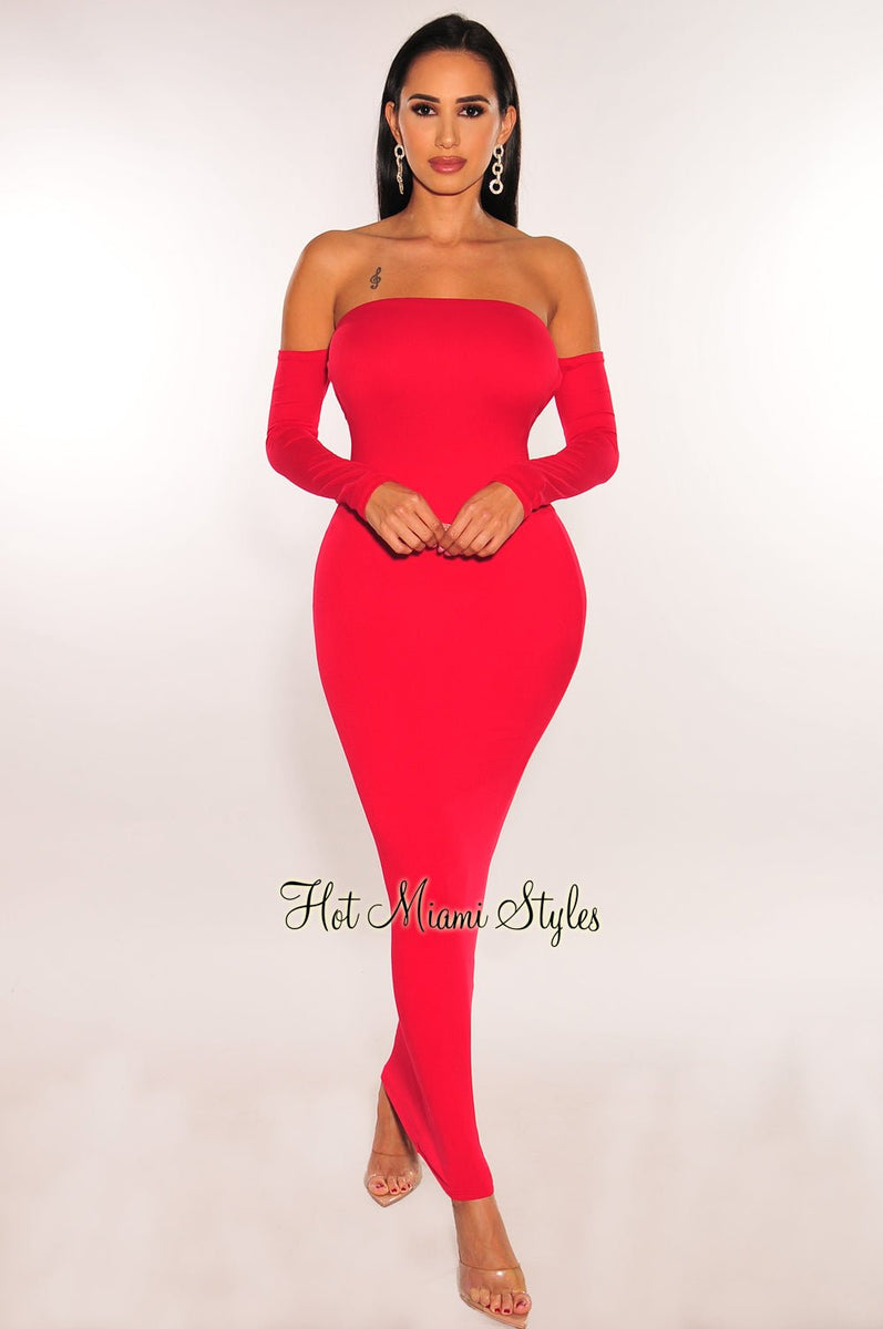 Red Off Shoulder Long Sleeve Scrunch Butt Open Back Midi Dress