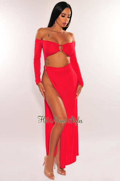 Red Off Shoulder O-Ring Cut Out Long Sleeves Slit Maxi Dress - Hot Miami Styles