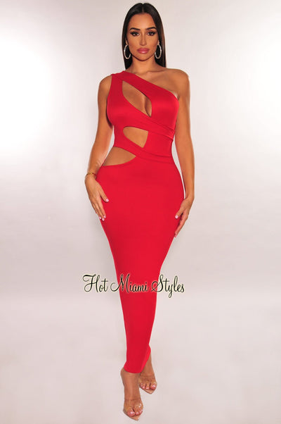 Red One Shoulder Cut Out Midi Dress - Hot Miami Styles