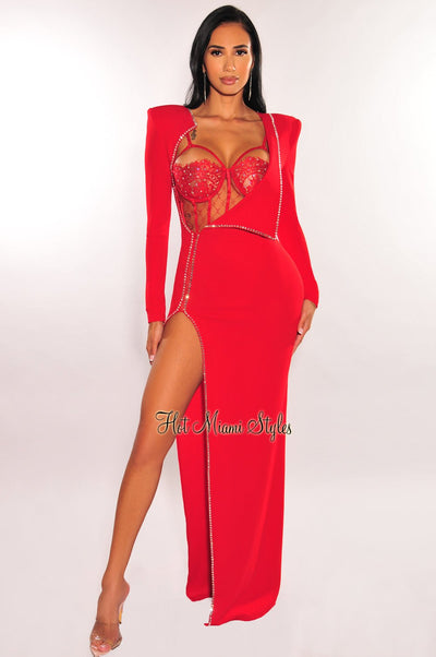 Red Rhinestone Underwire Lace Bodysuit Long Sleeve Cut Out Slit Gown - Hot Miami Styles