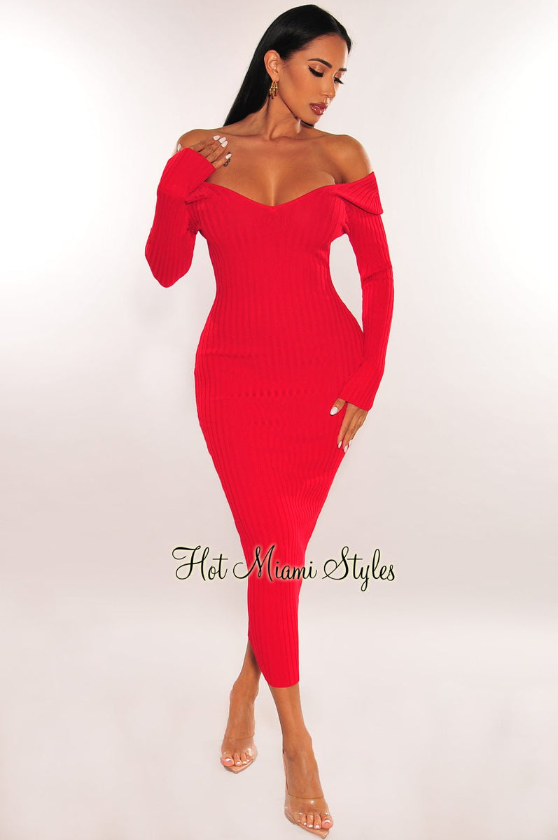 red dress hot miami styles Red Lace Up Cut Out Double Slit Long Sleeve Dress