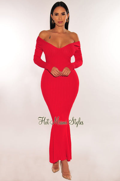 Red Ribbed Knit Long Sleeves Mermaid Dress - Hot Miami Styles