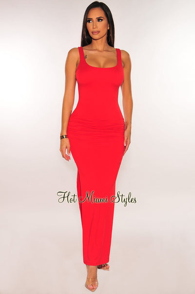 Red Ruched Sides Slit Maxi Dress - Hot Miami Styles