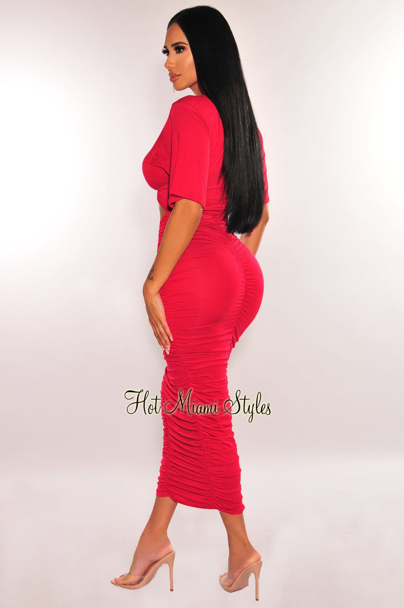 Red Short Sleeve Cut Out Ruched Maxi Dress Hot Miami Styles
