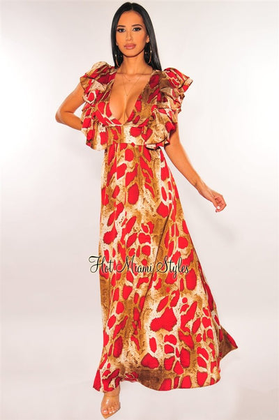 Red Snake Print Plunge V Neck Ruffle Sleeve Maxi Dress - Hot Miami Styles