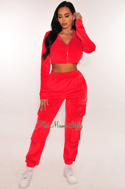 Red Velour Long Sleeve Zip Up Hooded Cargo Joggers Two Piece Set - Hot Miami Styles