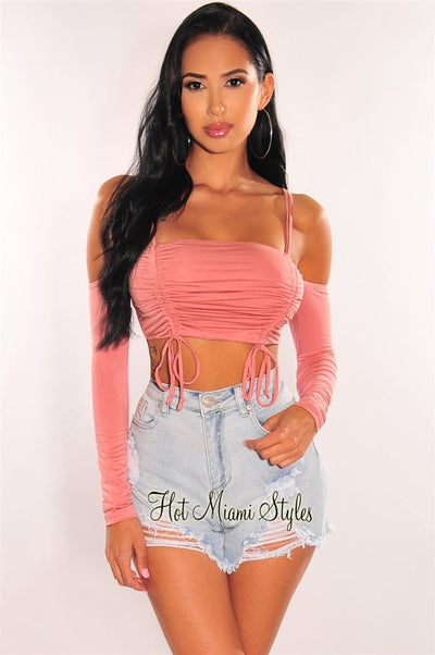 Rose Double Straps Off Shoulder Ruched Crop Top - Hot Miami Styles