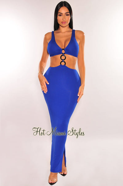 Royal Blue Black O-Ring Sleeveless Cut Out Double Slit Dress - Hot Miami Styles