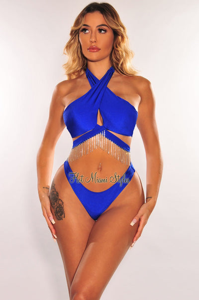 Royal Blue CrissCross Fringe Rhinestone Wrap Around Scrunch Butt Bikini - Hot Miami Styles