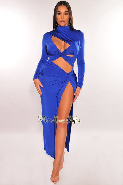Royal Blue Mock Neck Cut Out Long Sleeve Knotted Slit Dress - Hot Miami Styles
