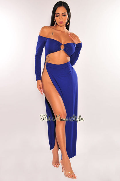 Royal Blue Ruched Sides Slit Maxi Dress – Hot Miami Styles