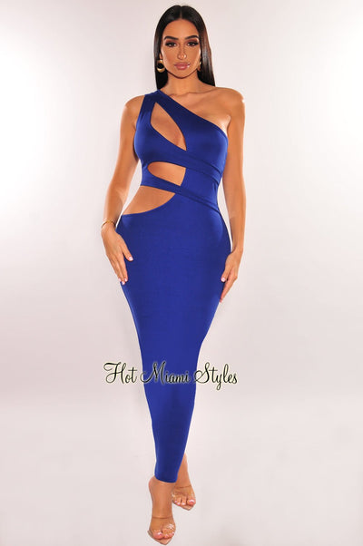 Royal Blue One Shoulder Cut Out Midi Dress - Hot Miami Styles