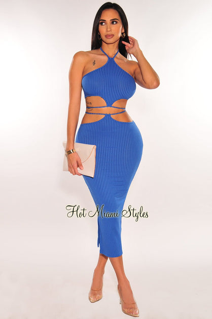Dusty Blue Ribbed Cut Out Bodysuit Layover Button Up Skirt Two Piece S –  Hot Miami Styles
