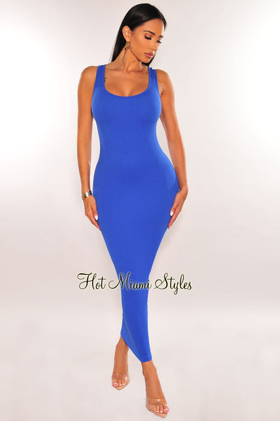 Royal Blue Ribbed Seamless Sleeveless Midi Dress - Hot Miami Styles
