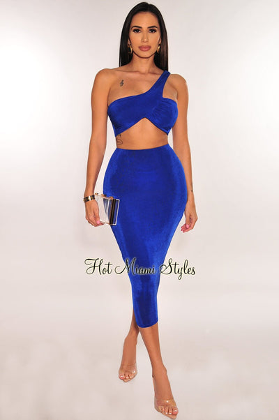 Royal Blue Ribbed Shimmery One Shoulder Ruched Back Skirt Two Piece Set - Hot Miami Styles