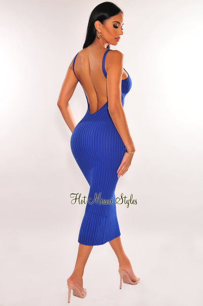 Royal Blue Ribbed Sleeveless Scoop Back Midi Dress - Hot Miami Styles