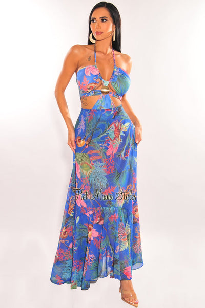 Royal Blue Tropical Print Padded Cut Out Mermaid Maxi Dress - Hot Miami Styles