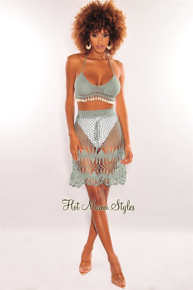 Sage Crochet Halter Cowrie Shells Skirt Two Piece Set Cover Up - Hot Miami  Styles