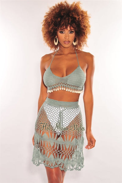 Sage Crochet Halter Cowrie Shells Skirt Two Piece Set Cover Up - Hot Miami Styles