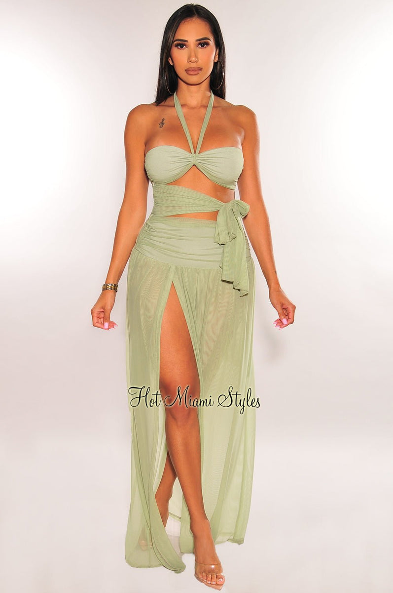 【送料&関税込】SportMax llic Mesh Dress With Cut Out sage-mesh-halter-cut-out-tie-