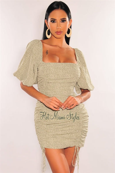 Sage Print Short Balloon Sleeve Smocked Ruched Dress - Hot Miami Styles