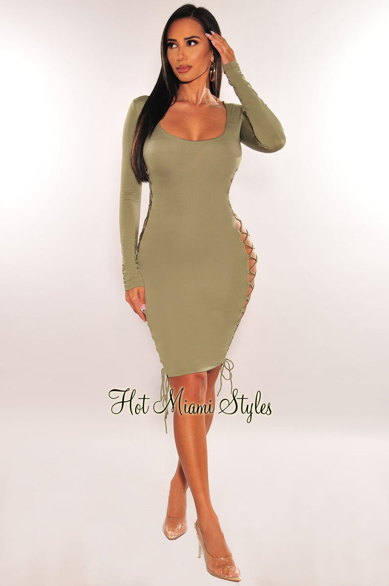 Sage Round Neck Long Sleeve Lace Up Sides Dress Hot Miami Styles Sage Round Neck Long Sleeve Lace Up Sides Dress Hot Miami Styles