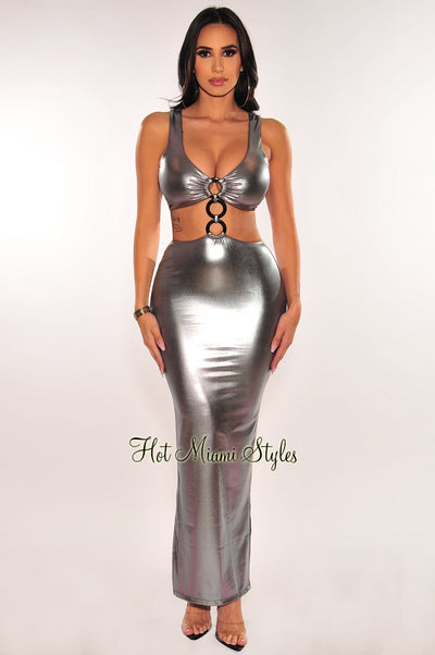 Silver Chrome O-Ring Sleeveless Cut Out Double Slit Dress - Hot Miami Styles