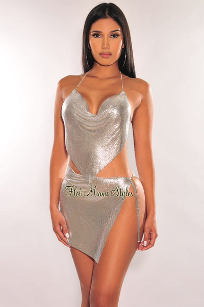 Silver Metallic Chainmail Slit Mini Skirt - Hot Miami Styles