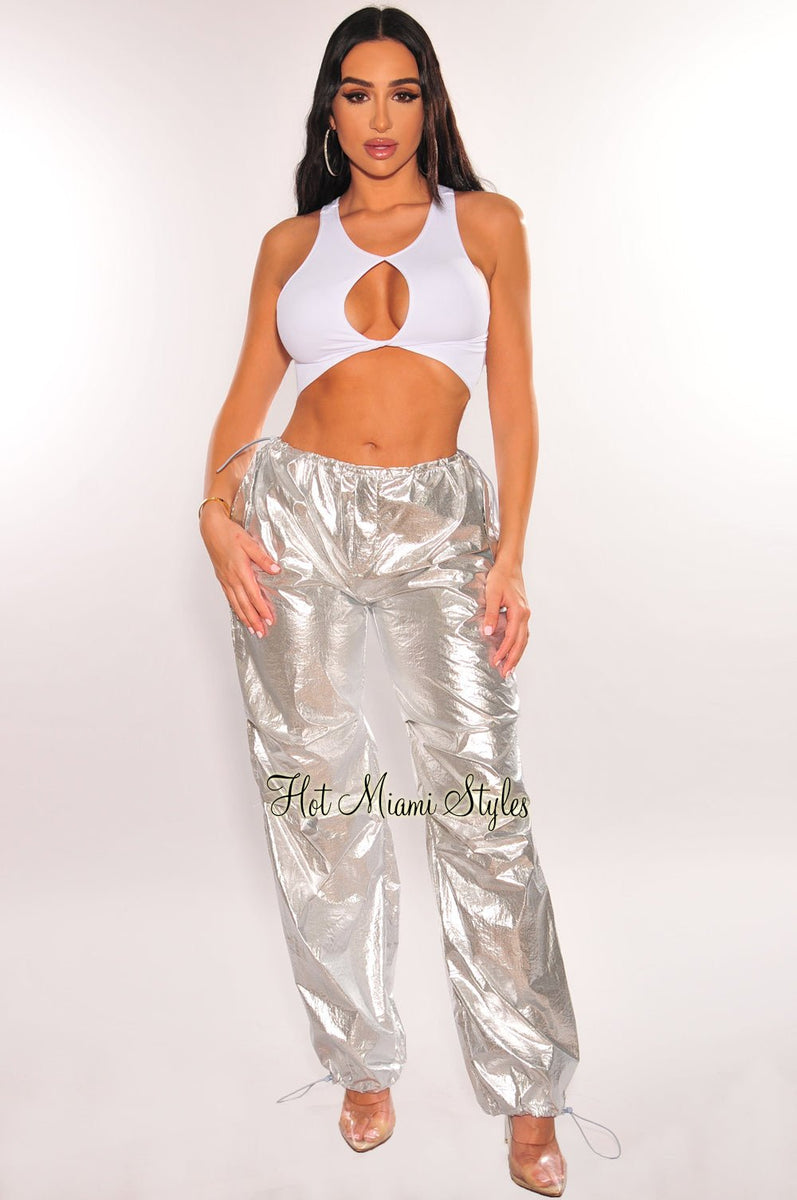 Silver Metallic Low Rise Snatched Drawstring Parachute Pants – Hot