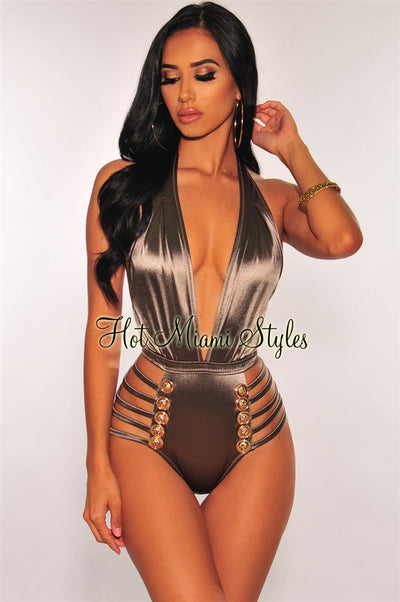 Smoke Halter Gold Button Strappy Sides Swimsuit - Hot Miami Styles