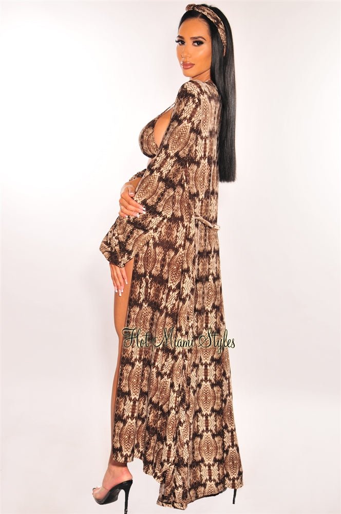 Snake Print Long Sleeves Belted Maxi Cover Up – Hot Miami Styles