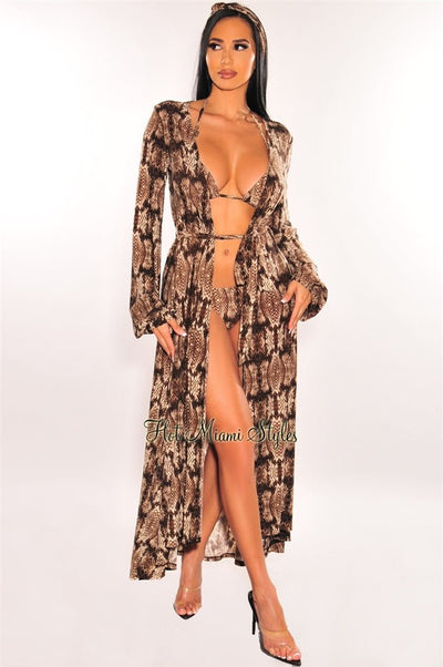 Snake Print Long Sleeves Belted Maxi Cover Up - Hot Miami Styles