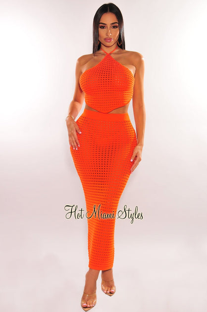 Neon Orange Ribbed Maxi Two Piece Crop Top Skirt Set