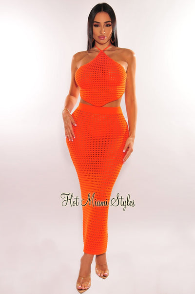 Tangerine Crochet Halter Hanky Hem Skirt Two Piece Set - Hot Miami Styles