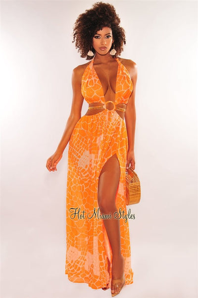 Tangerine Print O-Ring Cut Out Gold Belted Double Slit Maxi Dress - Hot Miami Styles