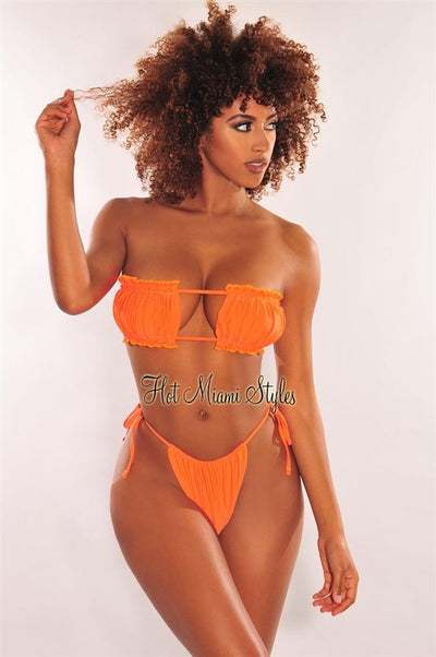 Tangerine Ruched Bust Frill Padded Bandeau Bikini Top - Hot Miami Styles