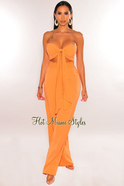 Tangerine Tie Up Bandeau Smocked Linen Palazzo Pants Two Piece Set - Hot Miami Styles
