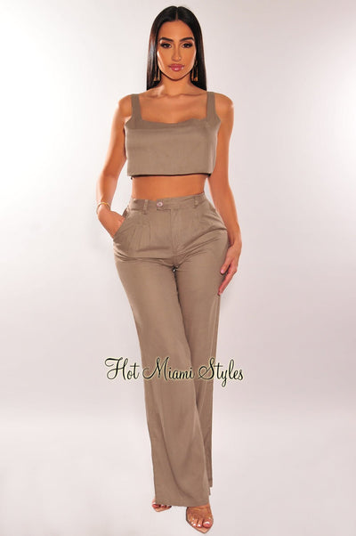 Taupe Linen Sleeveless Palazzo Pants Two Piece Set - Hot Miami Styles
