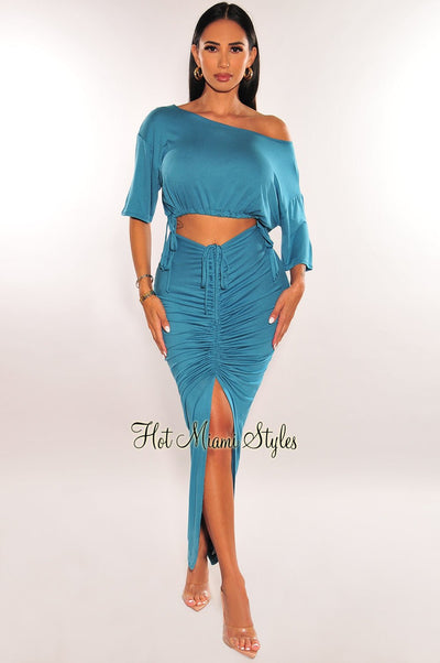 Teal Drawstring Ruched Slit Skirt Two Piece Set - Hot Miami Styles
