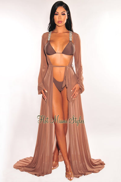 Toffee Mesh Long Sleeves Belted Maxi Cover Up - Hot Miami Styles