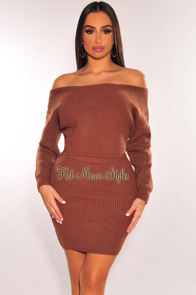 Toffee Ribbed Knit Sweater High Waist Skirt Two Piece Set - Hot Miami Styles
