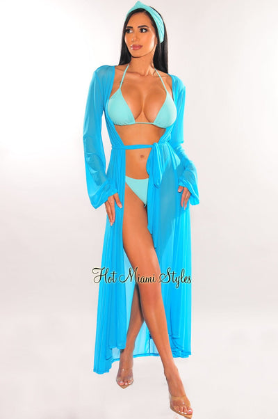 Turquoise Mesh Long Sleeves Belted Maxi Cover Up - Hot Miami Styles