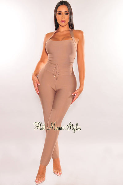 WAIST SNATCHED: Mocha Bandage Halter Belted Jumpsuit - Hot Miami Styles